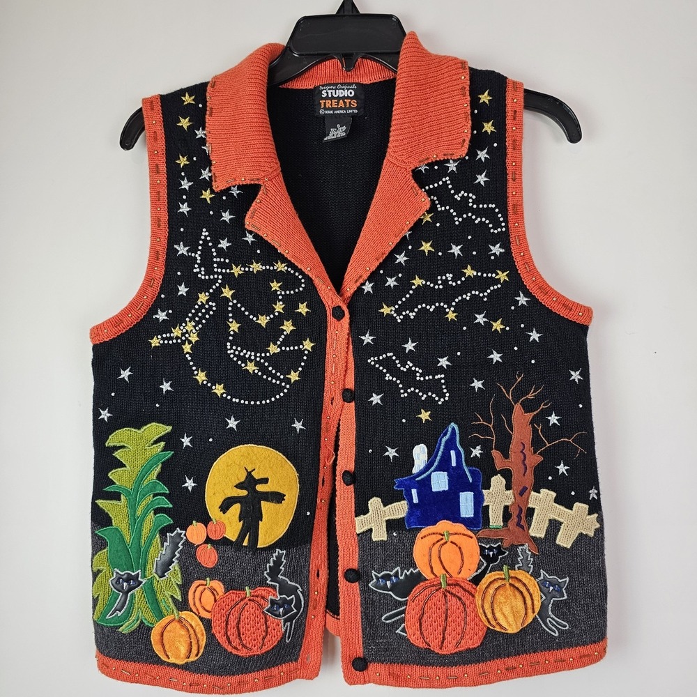 Designers Originals Studio Treats Festive Halloween Sweater Vest Small Pumpkins